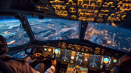 Cockpit View of Pilots Navigating Airplane at Night