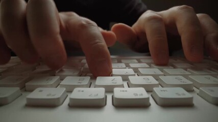 Time lapse close-up man typing on computer keyboard with fingers. Macro soft focus dolly shot. Computer programming, text chat online messaging and online marketing business hyperlapse concept. Glean