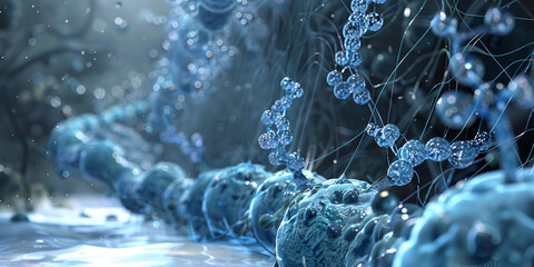 Molecular Structure with Water Droplets and Glowing Connections"