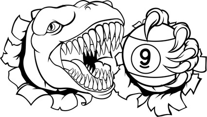 Dinosaur nine ball pool billiards sports mascot holding a 9 ball cartoon illustration