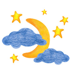 The crescent moon, golden stars and dark clouds are hand-drawn. Pencil drawing of the night sky isolated on a white background. Clipart. For stickers and decals.