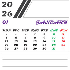  Calendar design for January 2026