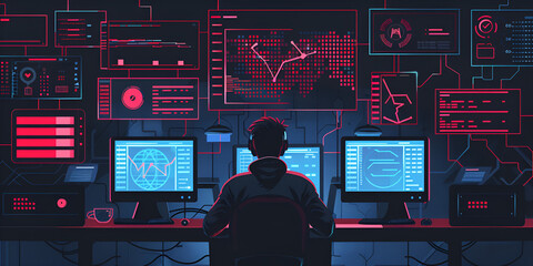 Cybersecurity Hacker Working with Red Data Visualization in Dark Room"