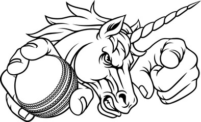 Unicorn horse stallion angry cricket sports team mascot holding a ball.