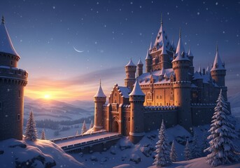 A majestic fantasy castle covered in snow, nestled in a mountain landscape during a beautiful winter sunrise. Cozy Christmas Background