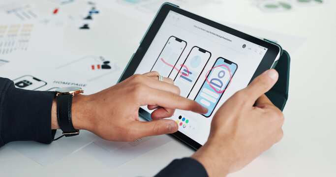 Person, hands and tablet screen with wireframes for app design, software development or UI planning. Closeup, designer or technology display with digital blueprint for mobile UX, function or layout