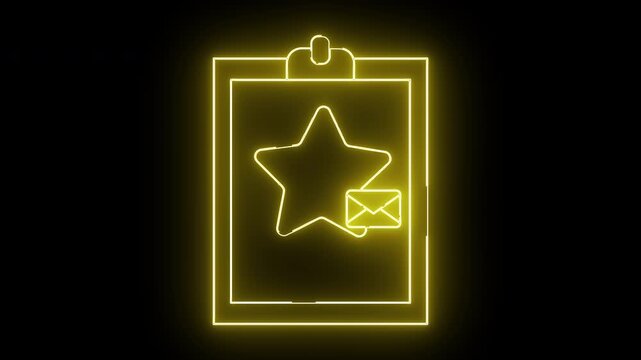 Yellow neon outline of clipboard with a star and an envelope set against a black background