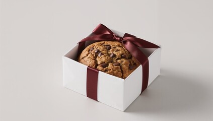 Indulge in a decadent chocolate chip cookie presented as a luxurious gift, beautifully tied with a rich burgundy ribbon in a pristine white box, perfect for celebrations and sweet surprises.