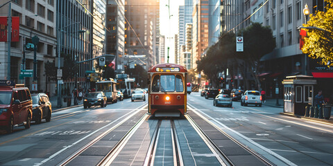 Tram on City Street with Urban Skyline at Sunset