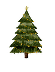 Watercolor Christmas Tree with Lights and Ornaments ClipartJ