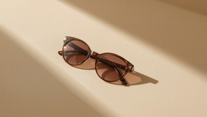 Stylish modern sunglasses with warm brown tortoise shell frames and tinted lenses casting elegant shadows on a soft beige background, perfect for summer fashion.