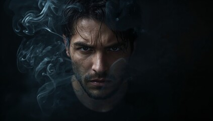 Intense male portrait shrouded in dramatic smoke, conveying mystery, power, and brooding introspection for commercial projects.