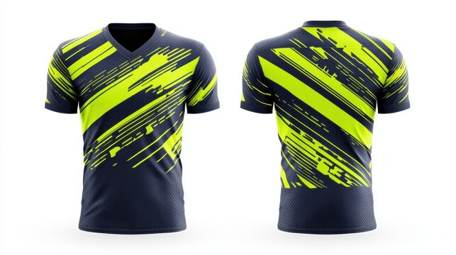 a multicolor football team jersey mockup, featuring sleek combinations of dark blue, neon yellow, and black, with abstract patterns and clean diagonal streaks for an eye-catching