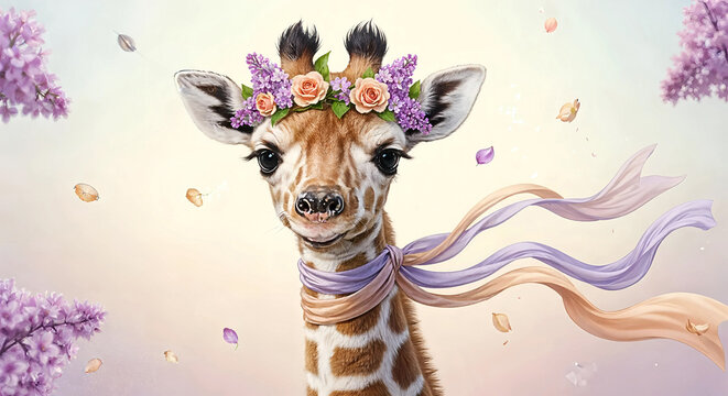 Adorable baby giraffe wearing a flower crown and scarf, with soft bokeh and falling petals