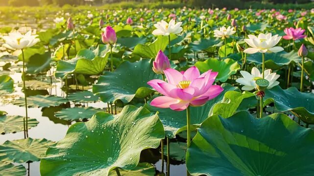 Abstract patterns formed by the interplay of sunlight on water, reflections of lotus leaves, and gentle ripples, creating dynamic, organic visual textures.