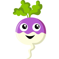 Cute Purple and White Turnip Vegetable Character with Green Leaves and Happy Smiling Face on Transparent Background