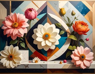 A vibrant floral arrangement featuring various blooming flowers against a geometric, multi-colored backdrop