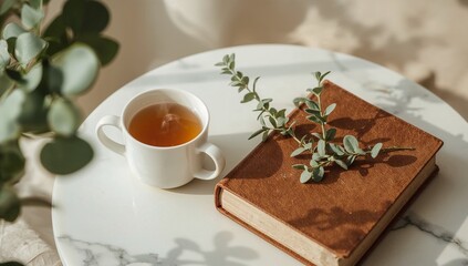 Steaming cup of herbal tea beside an open vintage book, adorned with delicate greenery, suggesting a moment of peaceful contemplation and relaxation.