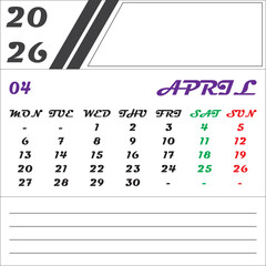 Calendar design for April 2026