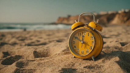 Sunny yellow vintage alarm clock on a sandy beach, calm sea and distant cliffs under blue sky today - Powered by Adobe