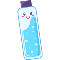 Cute Pixel Art Illustration of a Blue Liquid Bottle with a Smiling Face and Purple Cap Transparent Background