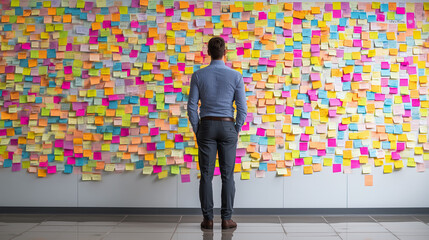 Sticky Note Post It Board Office. Business people meeting at office and use post it notes to share idea. Brainstorming concept. Sticky note on glass wall or blackboard. Set of colorful blank notes.