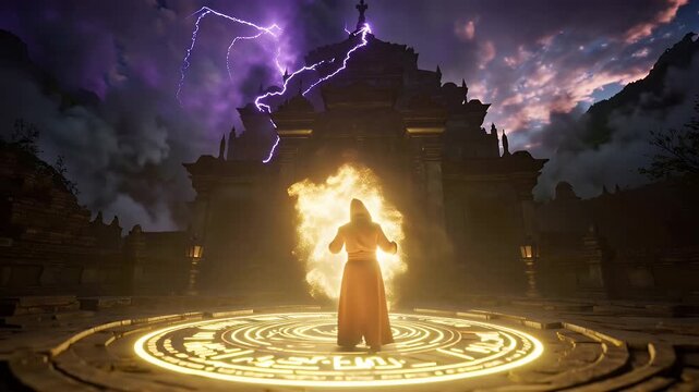 Hidden Orange-Robed Figure Performing Ritual Within a Glowing Circle Before an Ancient Gate