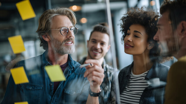 Sticky Note Post It Board Office. Business people meeting at office and use post it notes to share idea. Brainstorming concept. Sticky note on glass wall or blackboard. Set of colorful blank notes.