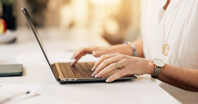 Woman, hands and typing with laptop in home for journalism, research or online story. Closeup, female person or journalist with computer, network or communication for email, article or digital ebook