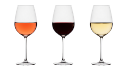 Three wine glasses filled with rose red and white wine standing side by side on a black background