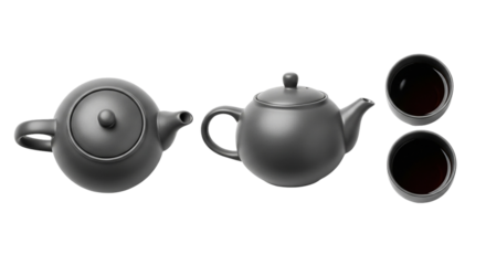 A still life featuring two teapots and two cups filled with liquid on a black background plain setting
