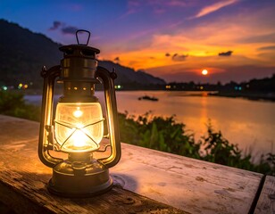 Illuminated Lantern at Sunset - A Tranquil Lakeside Evening.