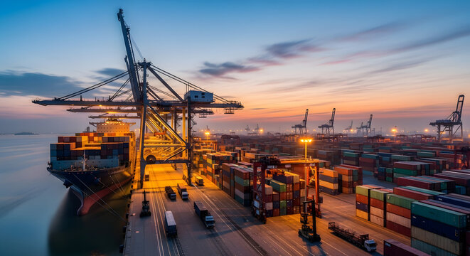 High-resolution image of a large container port at dawn with gantry cranes