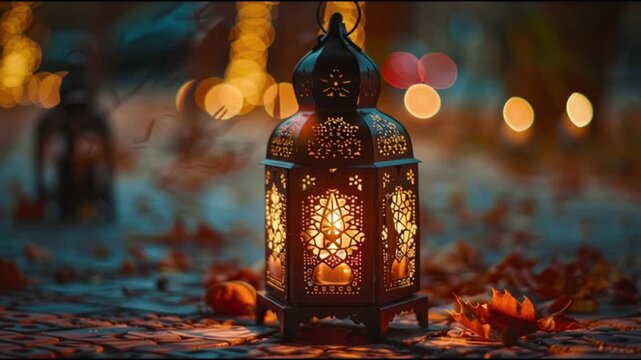 Dark Ornate Lantern Shining on a Leaf-Strewn Ground with Warm Bokeh