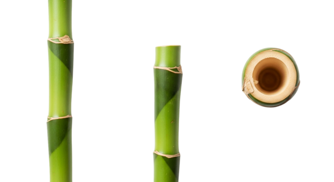 A close up of three bamboo stalks with a cross section view isolated on a black background space