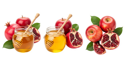 Still life of honey jars with dippers, apples, and pomegranates arranged on a black background