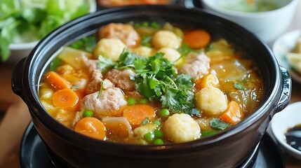 The soup contains a variety of meats fish balls vegetables