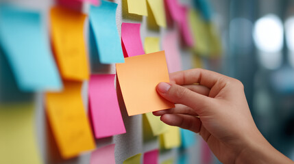 Sticky Note Post It Board Office. Business people meeting at office and use post it notes to share idea. Brainstorming concept. Sticky note on glass wall or blackboard. Set of colorful blank notes.