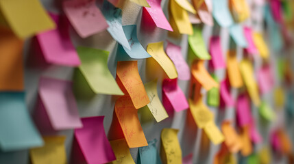 Fototapeta premium Sticky Note Post It Board Office. Business people meeting at office and use post it notes to share idea. Brainstorming concept. Sticky note on glass wall or blackboard. Set of colorful blank notes.
