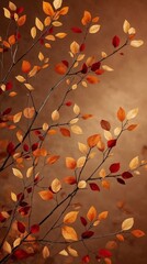 Vibrant autumn leaves in warm, earthy tones gracefully adorn delicate branches against a soft, diffused background, evoking cozy seasonal charm.