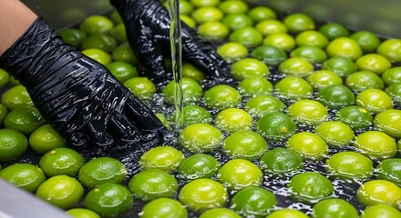 Limes getting washed with gloved hands for freshness and sanitation, an invigorating and bright image for health and wellness campaigns