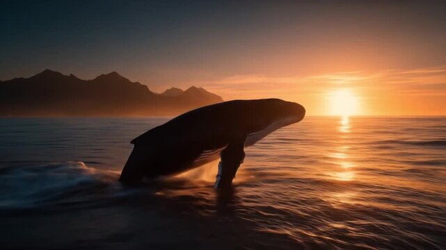 A whale fluke breaches the calm sea at sunset, silhouettes of distant mountains glow on the horizon