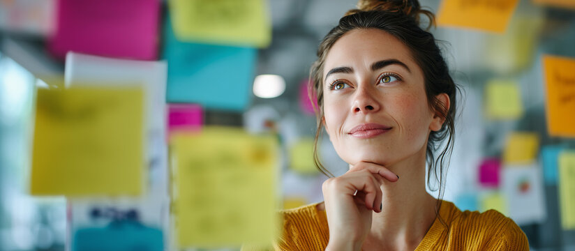 Sticky Note Post It Board Office. Business people meeting at office and use post it notes to share idea. Brainstorming concept. Sticky note on glass wall or blackboard. Set of colorful blank notes.