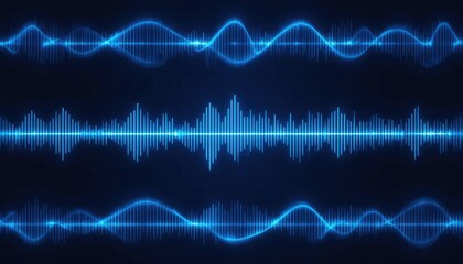 Futuristic digital audio visualization with glowing blue sound waves representing frequency and voice recognition on a dark background