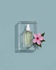 Elegant perfume bottle with delicate pink flower and green leaves on a serene blue background, evoking freshness and natural beauty for modern beauty campaigns