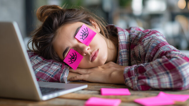 Young woman sleeping on desk, pink sticky notes with eye drawings over her eyelids, wearing plaid shirt, laptop nearby, showcasing exhaustion, stress, or need for break