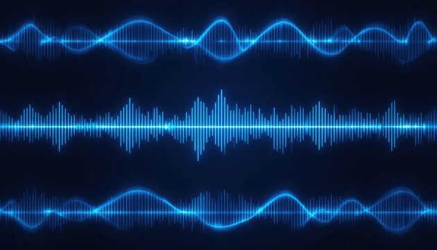 Futuristic digital audio visualization with glowing blue sound waves representing frequency and voice recognition on a dark background