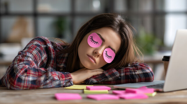 Young woman sleeping on desk, pink sticky notes with eye drawings over her eyelids, wearing plaid shirt, laptop nearby, showcasing exhaustion, stress, or need for break