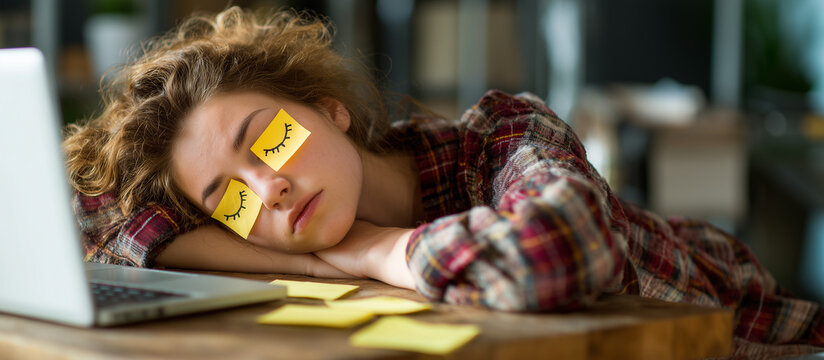 Young woman sleeping on desk, yellow sticky notes with eye drawings over her eyelids, wearing plaid shirt, laptop nearby, showcasing exhaustion, stress, or need for break - Powered by Adobe