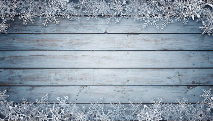 Rustic wooden background with frosted edges and snowflakes
